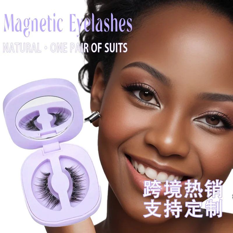 1 Paar 3 magnetische Wimpern, violette Box, magnetische falsche Wimpern, kleberfrei, natürlich wiederverwendbar, magnetische Wimpern mit Clip-Set