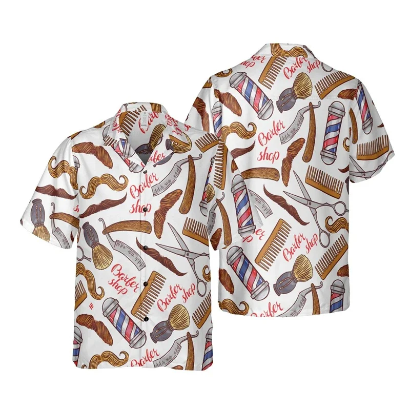 Barber Tools Pattern Hawaiian Shirt For Men Colorful 3D Print Blouses Fashion Profession Short Sleeve Shirts Button Lapel Tops