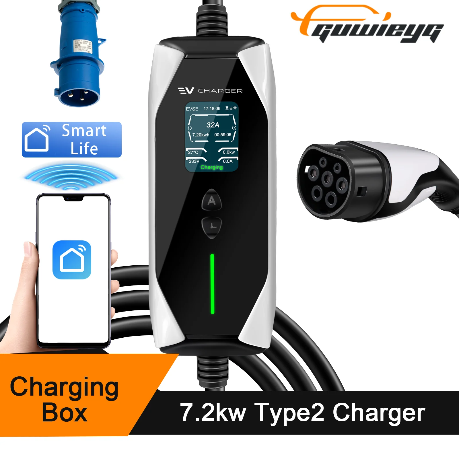 GUWIEYG Type2 EV Portable Charger with APP Control IEC62196 Fast Charging CEE Plug EVSE Charging Box for Electric Vehicles IP65