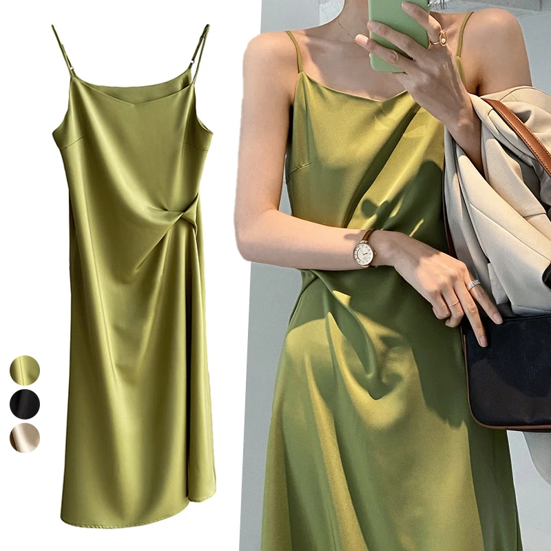 

Summer Women Elegant Satin Silk Green Dress Sleeveless Long Spaghetti Strap Evening Party French Dress Female Midi Dresses