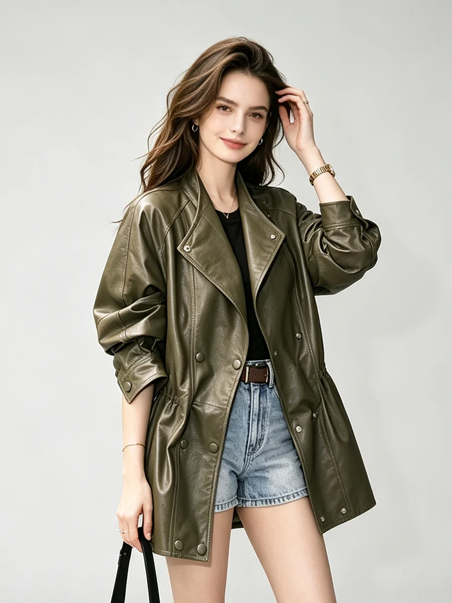 LIMO Women Stand Collar Faux Leather Jacket Drawstring Waist Double Breasted Loose Windproof Street Outer Coat