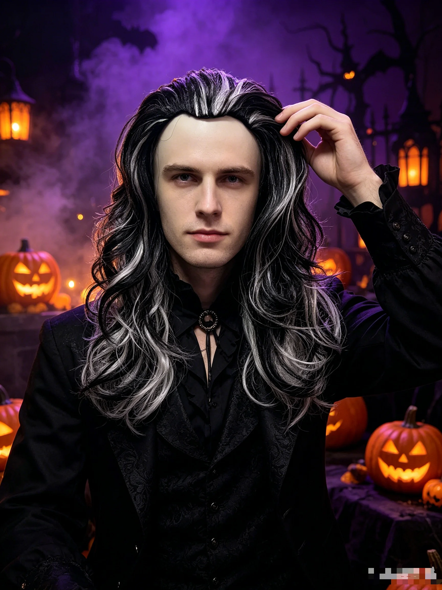 Black White Highlight Medium Wavy Synthetic Wig Middle Part Unisex Gothic Villain Halloween Movie Cosplay Punk Horror Party