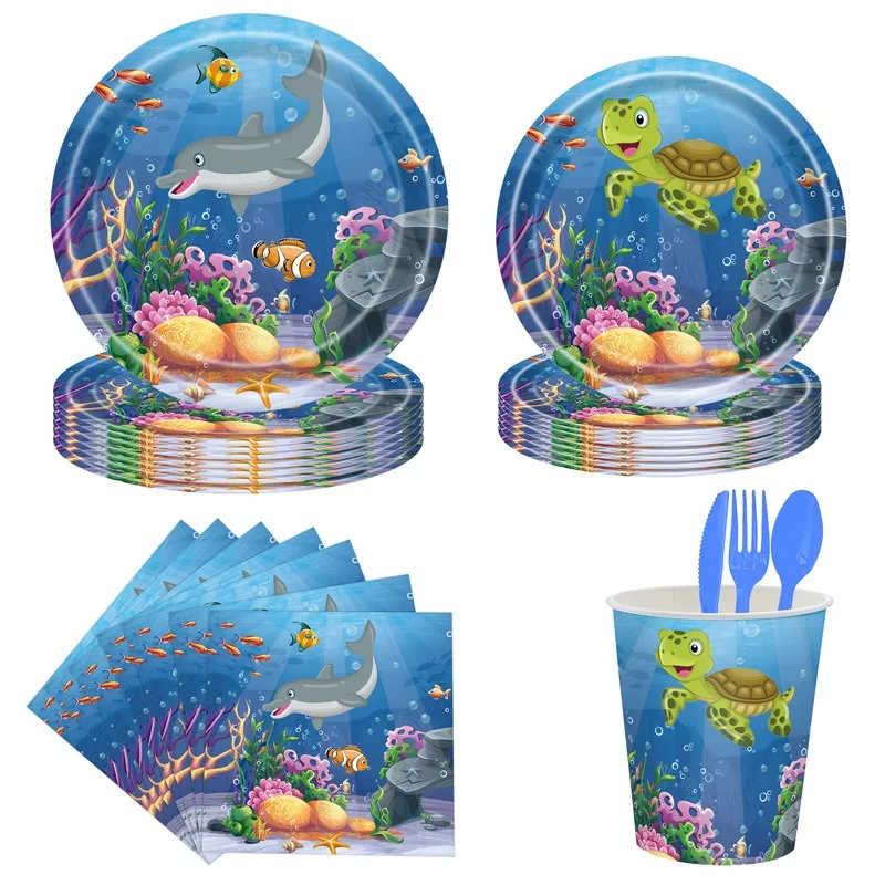 

8Guests Sea Animal Birthday Party Disposable Tableware Sea Turtle Dolphin Plates Cups Napkins Under The Sea Birthday Supplies