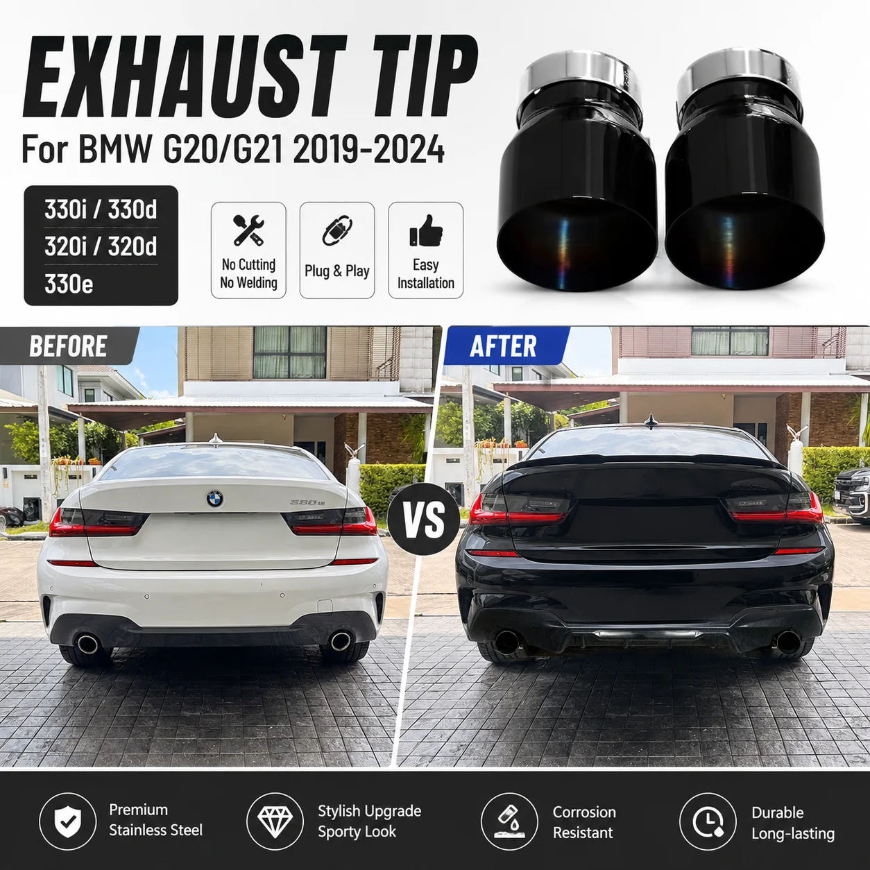 2pcs/lot Exhaust Tips For 2019+ BMW 3 Series G20 G21 320d 330i 330d 330e 320i G22 G23 420i 430i Plug&Play Tailpipe Round Tip