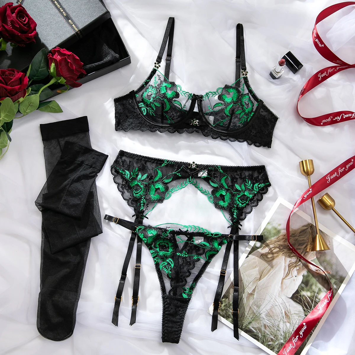 Conjunto de lencería de lujo de 4 piezas con malla negra y bordado floral verde, sujetador con aros, liguero y cinturón de lencería, ropa de noche sensual para mujer