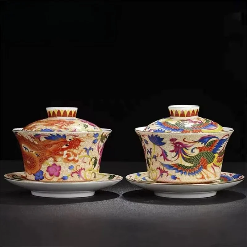 

280ml Retro Dragon Phoenix Ceramic Gaiwan Teacup Handmade Tea Tureen Bowl Chinese Porcelain Teaware Drinkware Personal Cup Gift