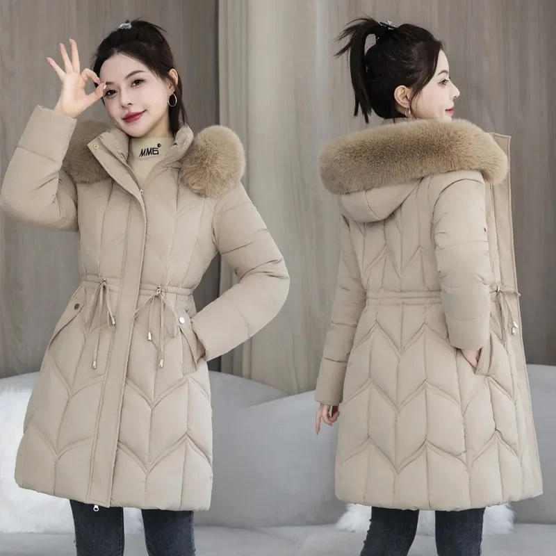 Chaqueta de algodón para mujer, abrigo cálido de longitud media a la moda de invierno, chaquetas gruesas con cuello de piel grande y delgado, Parka larga para mujer