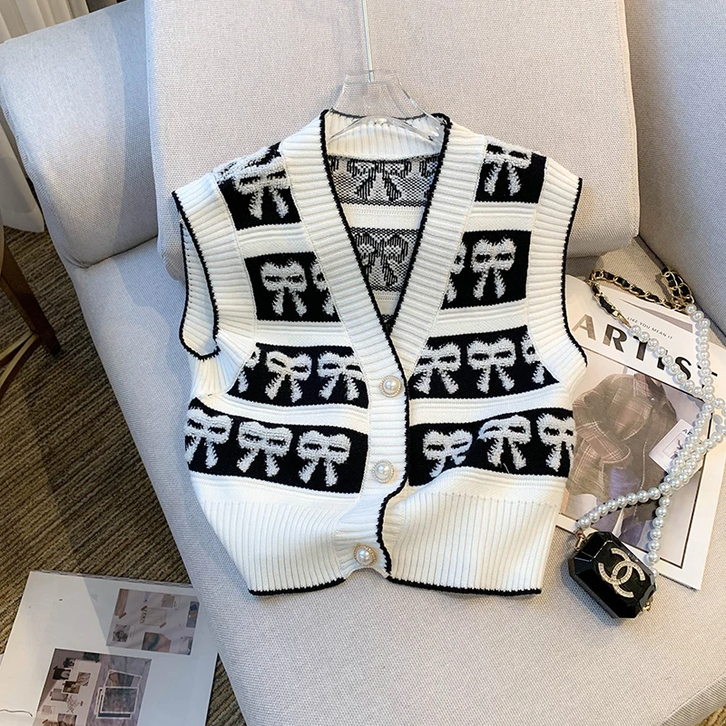 

Женский трикотажный короткий жилет, повседневный дизайнерский кардиган-жилет с принтом бабочек и узлов, топ с застежкой-пряжкой, весна-осень 2024