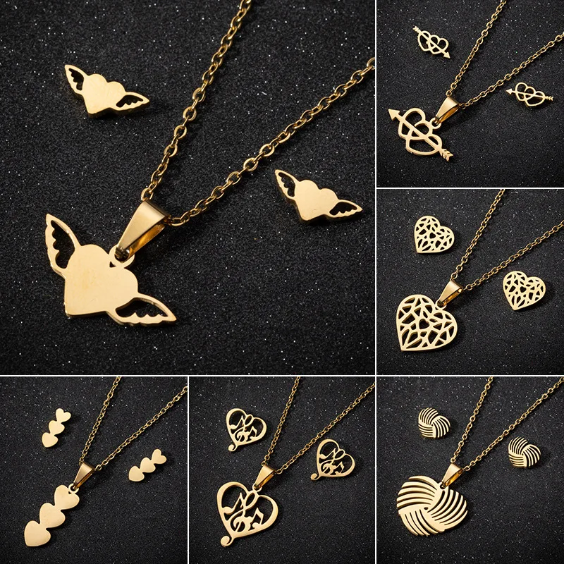 Stainless Steel Jewelry Sets For Women Arrow Cupid Heart Love Earrings Necklace Music Note Pendant Wedding Bridal Christmas Gift