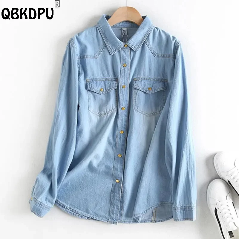 

Women's Casual Denim Blouses Bleached Polo Collar Jean Shirts Boyfriend Single Breasted Basic Spring Shirt Short Blue Blusas