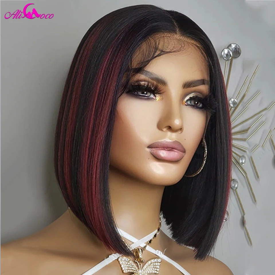 

Highlight 99j Red 13x4 Short Bob Lace Front Wigs For Woman 13x4 Lace Frontal Bob Straight Human Hair Wig 180 Density