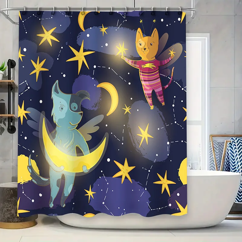

Причудливая космическая занавеска для душа с ночным небом и летающим котом и синим пегасом для детских ванных комнат, темно-синие звезды с декором в виде луны