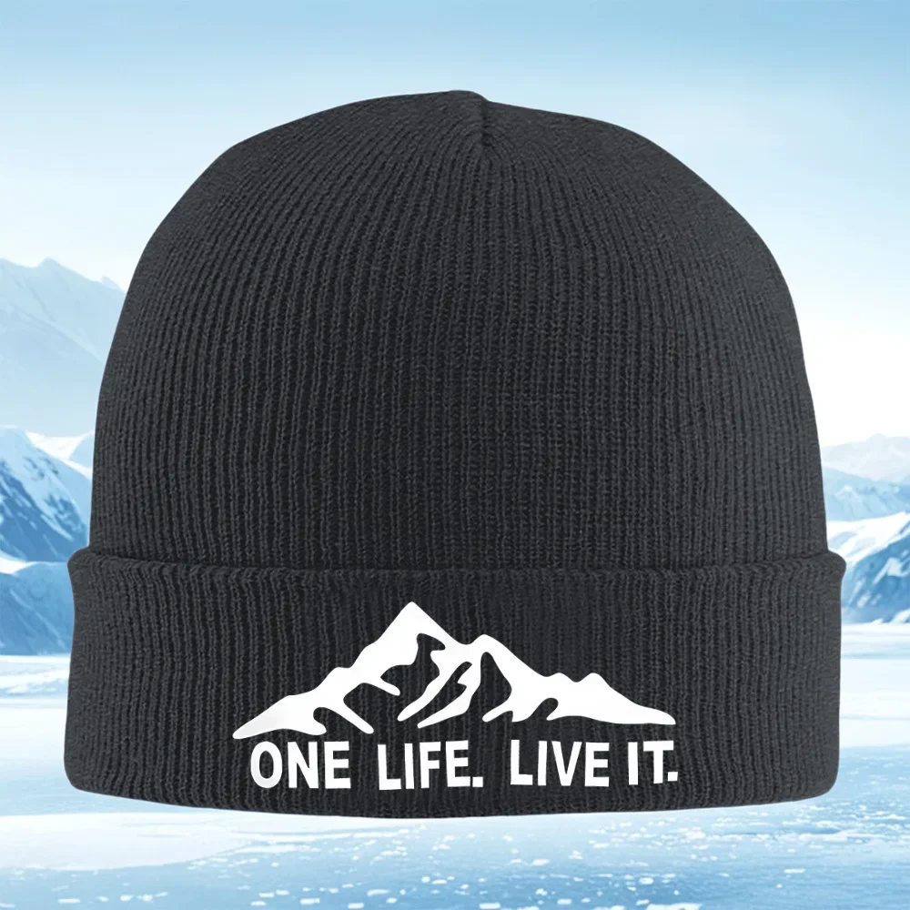 2026 Mountain range,text,adventure,life Men Women Unisex Knitted Hat Beanie Pullover Cap Winter Thermal Warm Christmas Outdoor C
