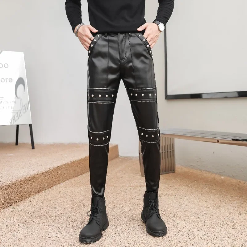 2025 New Arrived Skinny Biker Leather Pants Mens New Faux Leather Biker Trousers for Male Trouser Stage Club Wear