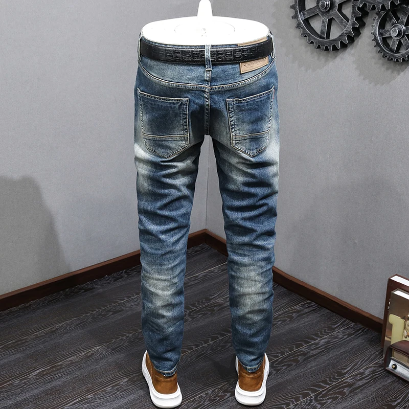 Italian Style Fashion Men Jeans High Quality Retro Blue Stretch Slim Fit Ripped Jeans Men Vintage Designer Denim Pants Hombre