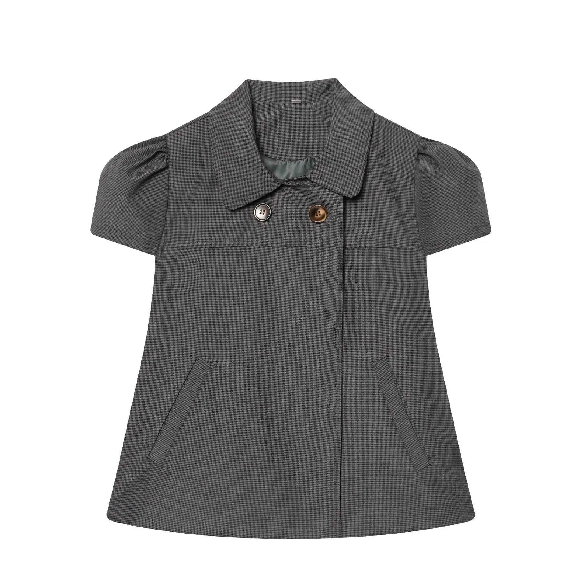 Camisa informal a cuadros para mujer, chaqueta corta con estampado a cuadros y mangas abullonadas, cuello de solapa, botones en la parte delantera, informal para mujer RZBV