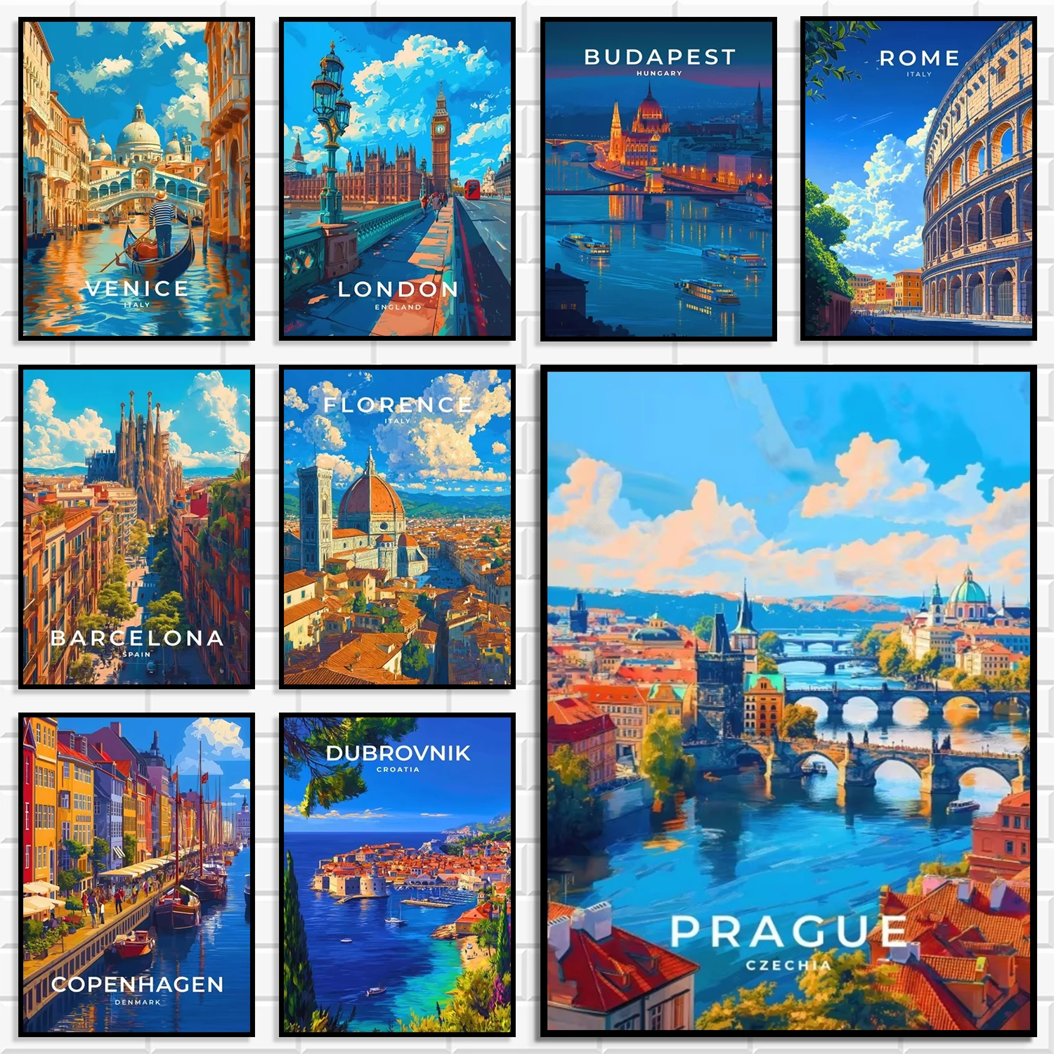 Vintage European Travel City Canvas Prints Venice Rome Prague London Barcelona Cityscape Retro Travel Poster Home Wall Decor