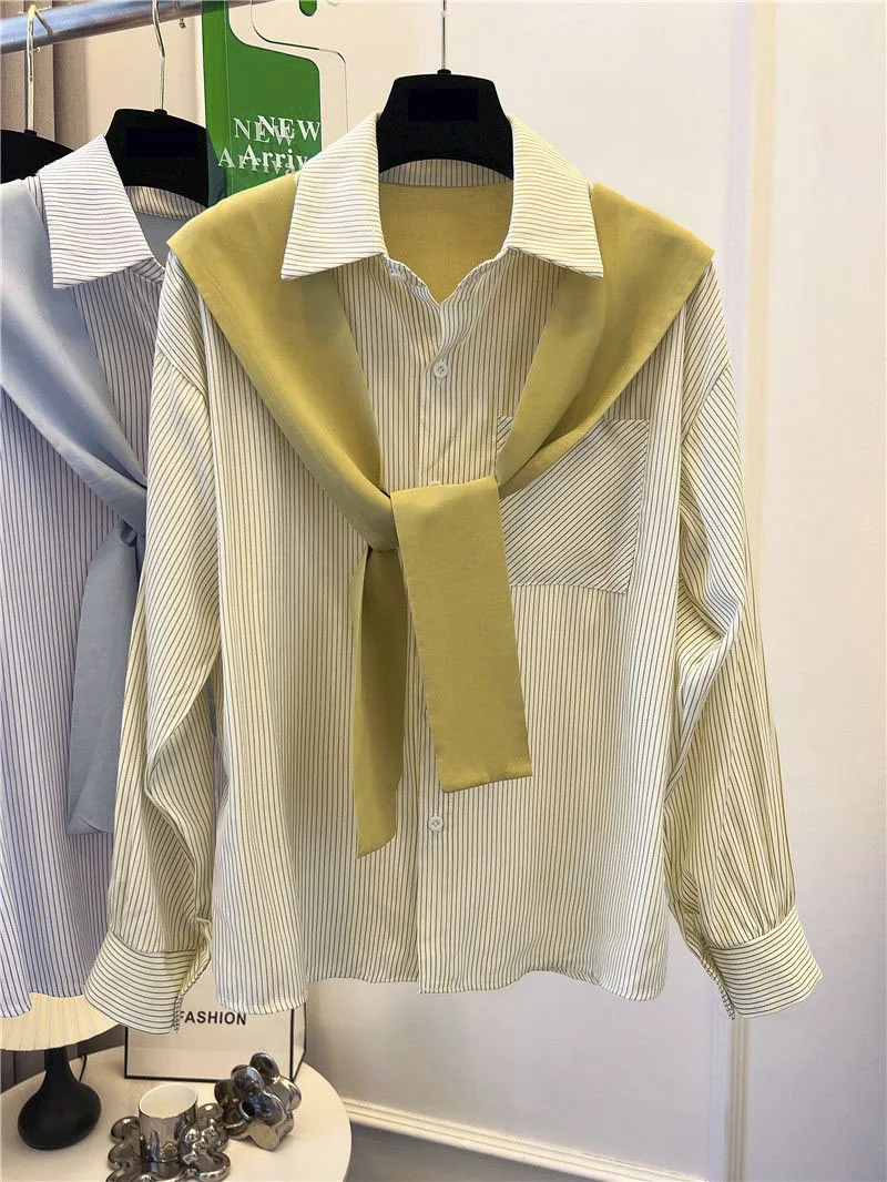 Striped Casual Tops Commute Solid Color Cute  Basic Long Sleeve Women 2023 Summer New Shirt Chic Ladies Blouse