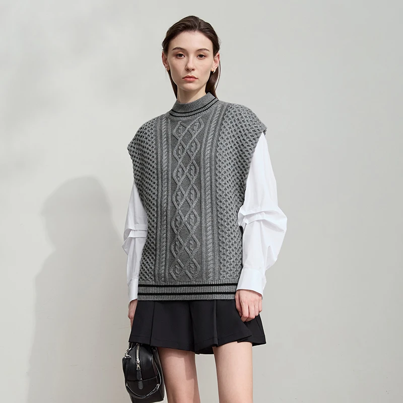 AMII Damestrui 2025, Herfst Nieuw Commuter Gebreid Mouwloos Vest Dames Semi-coltrui Veelzijdig Los Vrouwelijk Vest 12553046