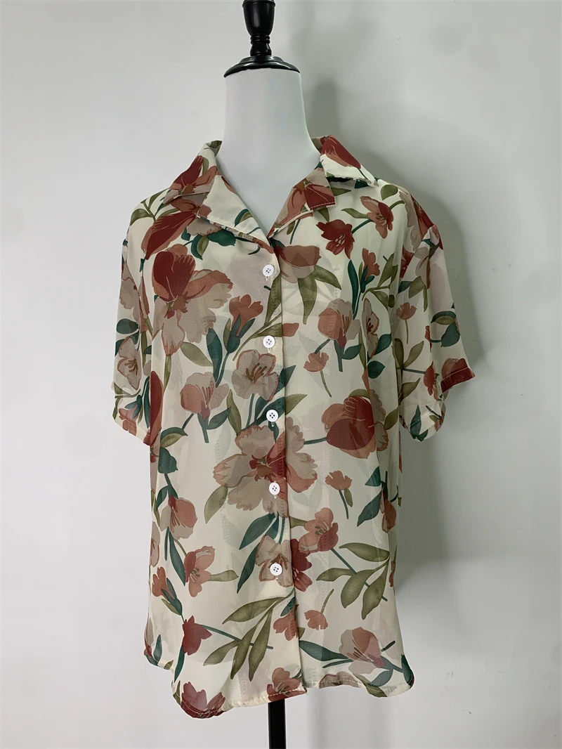 Camisa estampa floral vintage feminina, sudeste asiático, estilo de férias, manga curta, camisa de mulher lapela, tops soltos casuais, verão