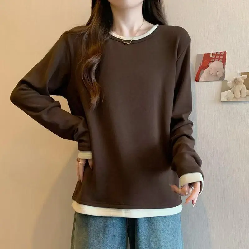 Women Korean Two Piece Long Sleeve T Shirt Double Sided Brushed Soft Undershirt Top For Spring Autumn