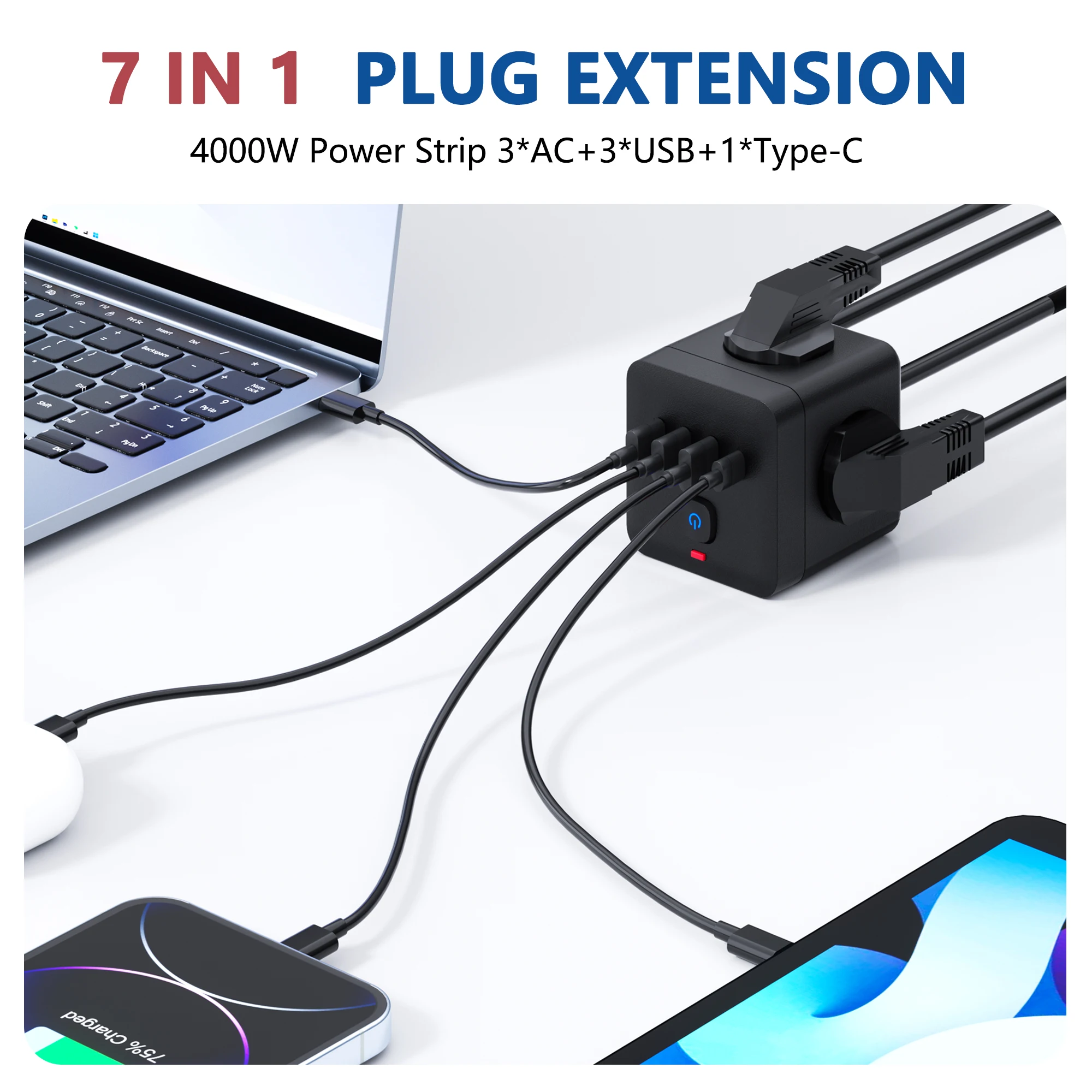 7-in-1pc Power Strip, Power Strip Surge Protector, 3 EU Outlets 3 USB 1 Type-C 1 Power Button, Flat Plug, Desktop Charging Stati