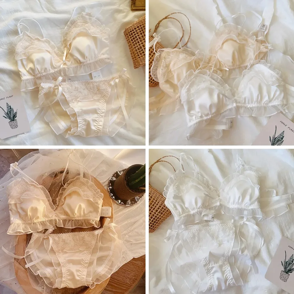 Luxury Rose Lace Bralette Set - Cotton Lace-Up Lolita Underwear for Ladies, Solid Light & Large Size