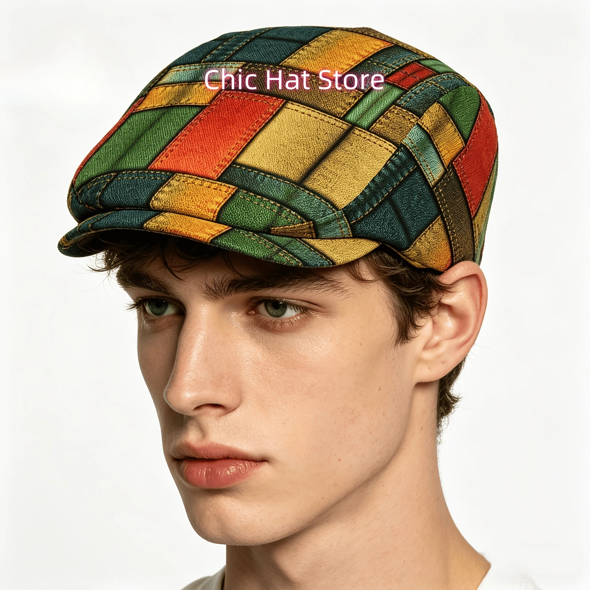 1pc Colorful Patched Pattern All-Over Print Flat-Top Hats for Men And Women, Newsboy Caps, Berets, Irish Hats, Driver Caps, Retr