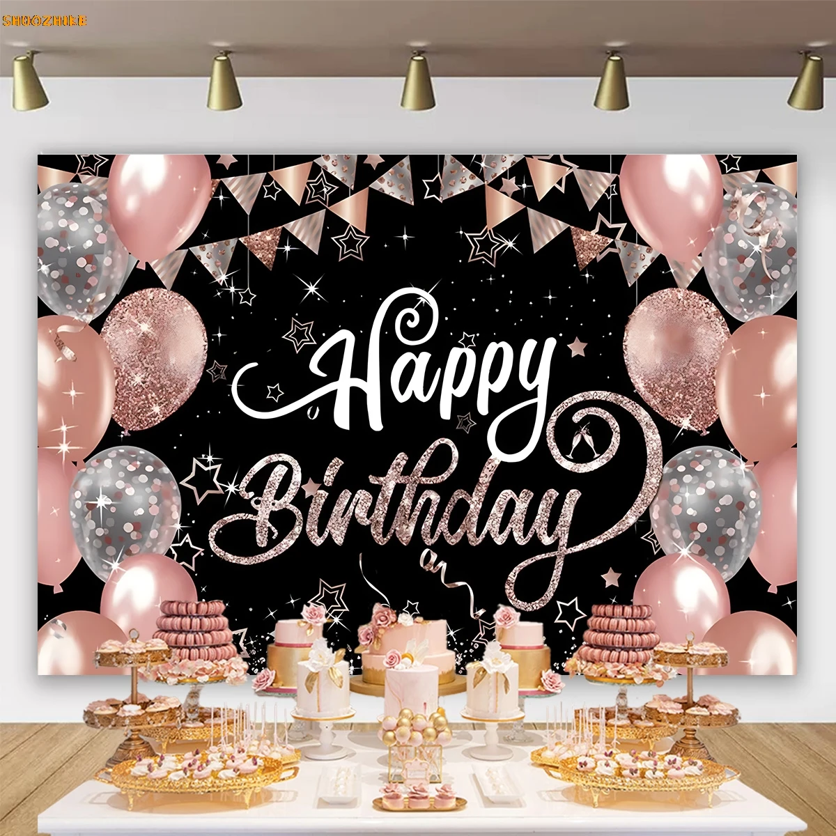 パーソナライズされた誕生日パーティーの背景,金,青,黒,ピンクのバルーンケーキポスター,赤ちゃんと子供のバナー,パーティー用のビニールの背景