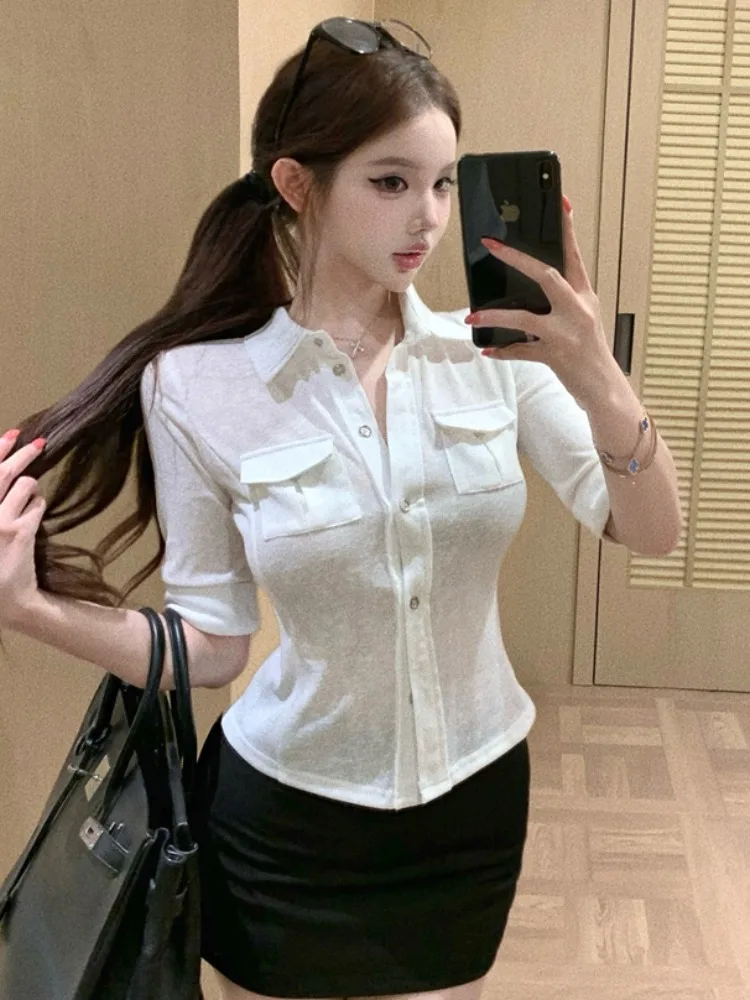 

Sexy Half Sleeve Women's Top And Skirt Set Unique Design Black Wrap around Skirt And White Top Korean Style Commute Wear
