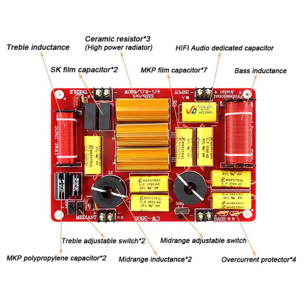 

Frequency Divider 600W Audio Filter Metal 3 Way Treble Bass Distributor for Universal Speaker Upgrade