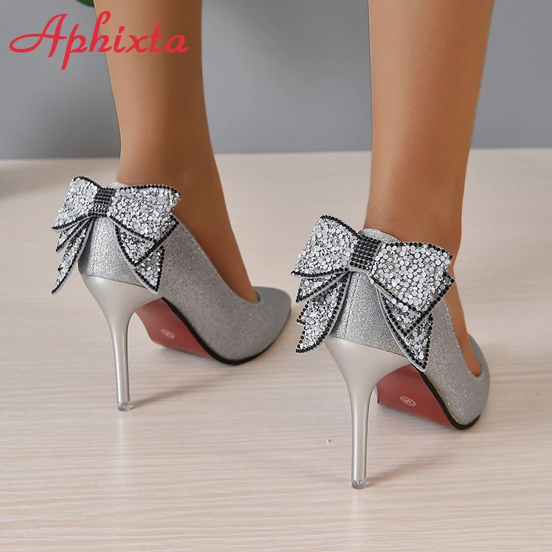 Aphixta 2024 New Bling Butterfly-knot 10cm Stiletto Heel Shoes Women Pumps Flowers Officile Pointed Toe Super Big Size 49 50