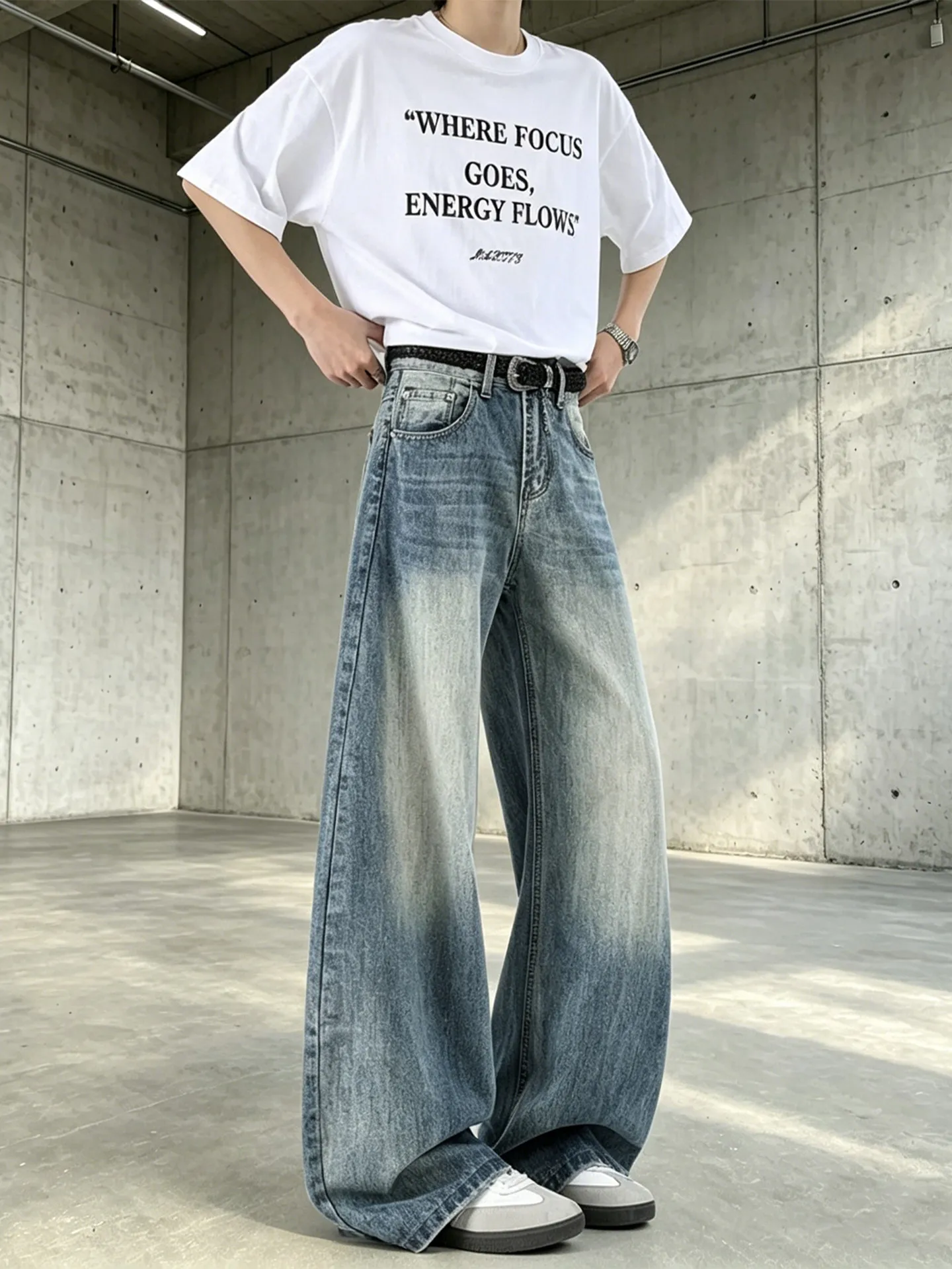 Retro Gradient Wide Leg Men's Jeans American Washed Loose Straight Casual Long Pants Draping Sensation Summer Floor-Length