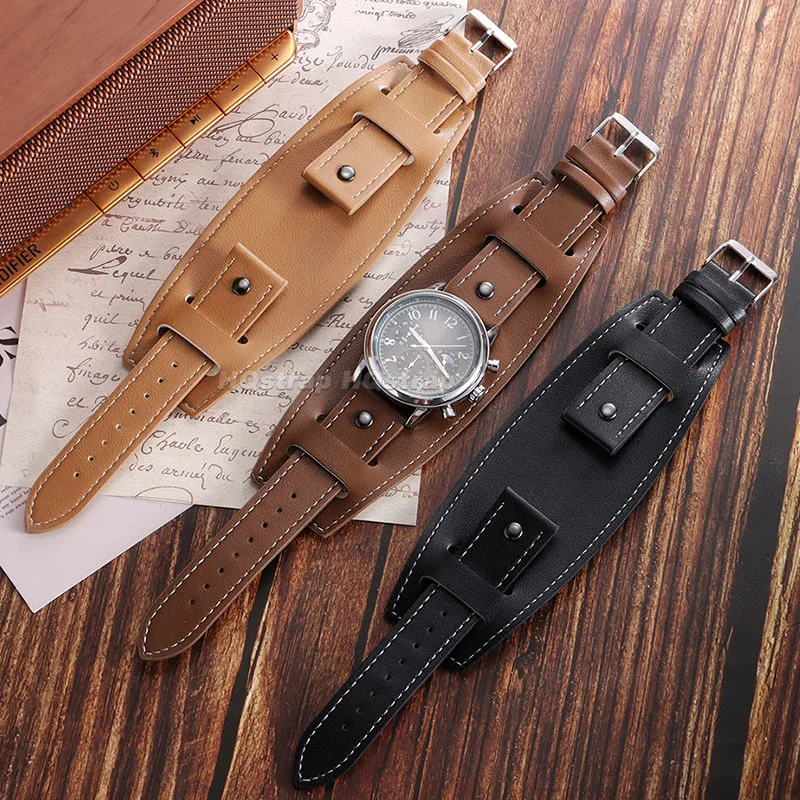 Retro Leather Cuff Watch Strap 20mm 22mm 24mm Vintage Cowhide Military Watchband with Rivets Replacement Bracelet Soft Wristband