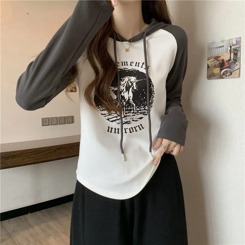 Large size slimming hooded long sleeved T-shirt for spring and autumn chubby MM, covering the belly and shoulders, versatile top