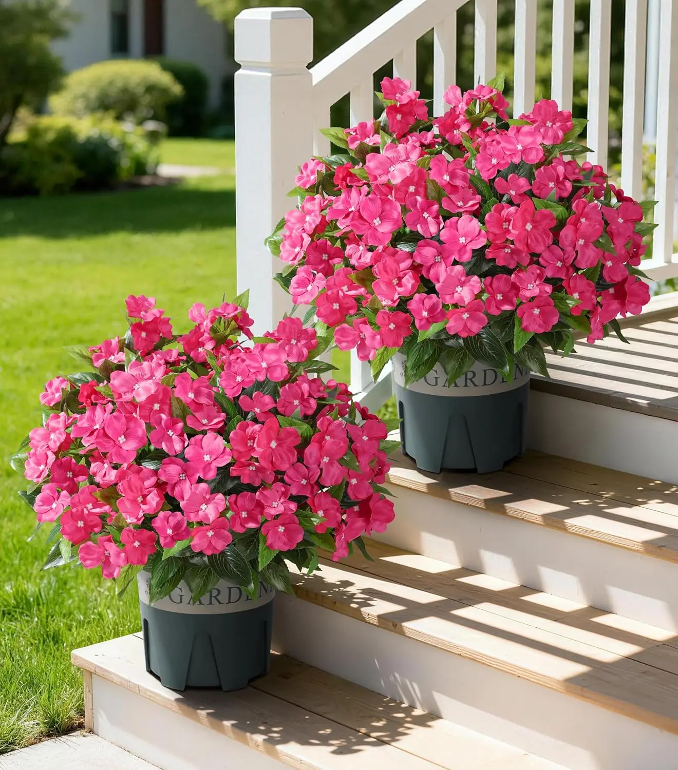 

Artificial Flowers for Outdoors, 2 Set Fake Potted Flowers 12 Bundles UV Resistant Realistic Silk Faux Impatiens with Po