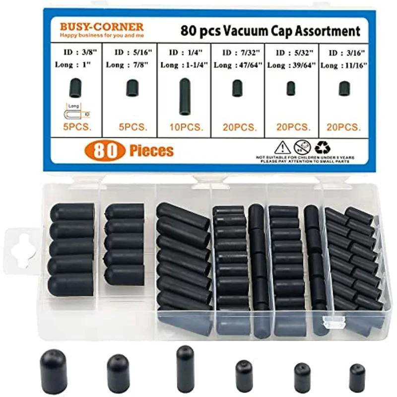 80 Stück Gummivakuumkappen Sortiment – 6 Größen Von 5/32 Bis 3/8 Zoll, Für Vergaser, Ansaugkrümmer & Autos, Mit Box