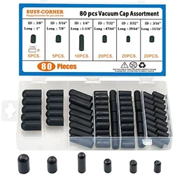 80pcs/box Black Vacuum Dust Cap for Automobile Crburetor Rubber Dropper Cover ID 5/32 inch to 3/8 inch Carburetor Hose Cap Kit