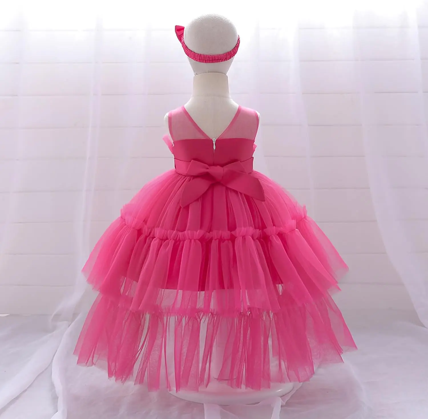 Chiffon strik pop bloemenmeisje jurk bruiloft, verjaardagsfeestje prinses schoonheidswedstrijd dansjurk, formele communiejurk voor kinderen