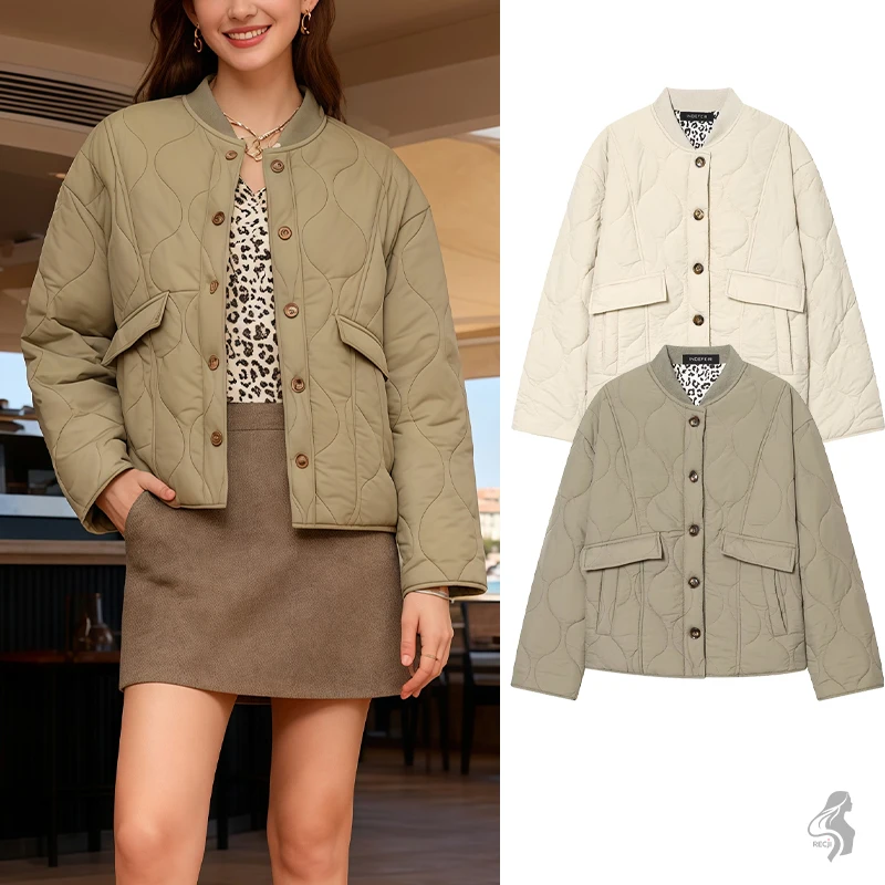 

Womens Cotton Jacket With Quilted Waves Baseball Collar Leopard Print Lining Single Breasted Casual Jacket Woman Clothes