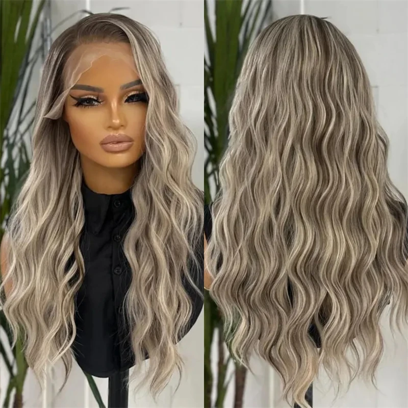

Ombre Ash Blonde Lace Front Synthetic Wig Long Water Wave Ready to Wear Wigs for Women Natural Pre Plucked Hairline High Density