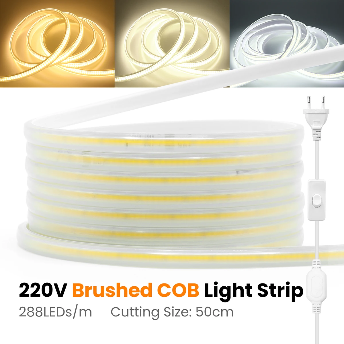 Image of AC 220V COB LED-Streifenlichtschalter mit EU-Stecker, warmweiß, 288 LEDs/m, wasserdichtes flexibles Rohr, hohe Dichte, helle lineare Beleuchtung, Heimdekoration