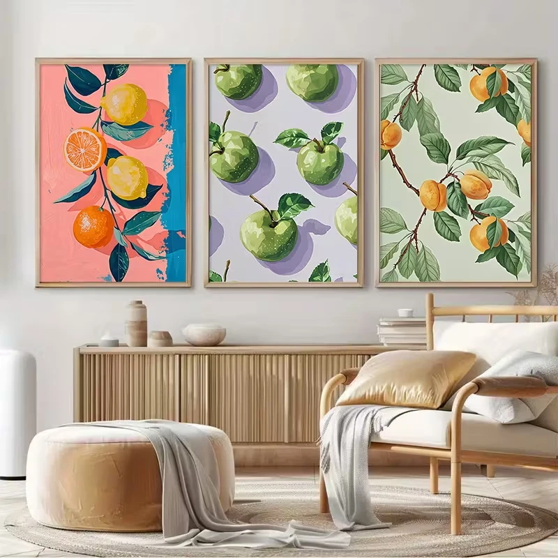 3pcs frameless Canvas Painting 3pcs Fruit-themed Canvas Wall Painting: Citrus Fruits with Leaves, Green Apples. Kitchen, Dining