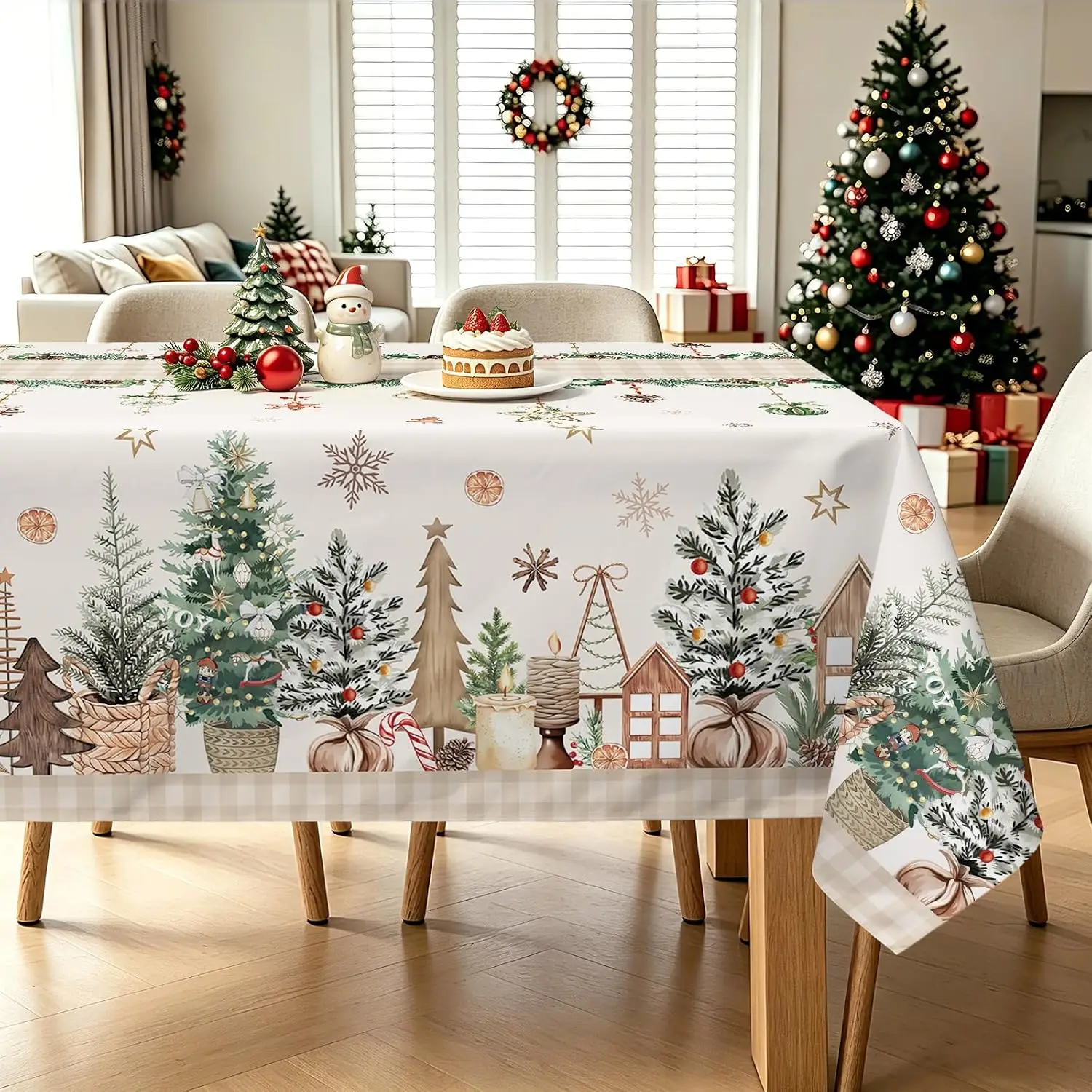 Christmas Pine Tree Bell Snowflakes Tablecloth for Table Decor Reusable Winter Kitchen Dining Tablecloth Christmas Decorations
