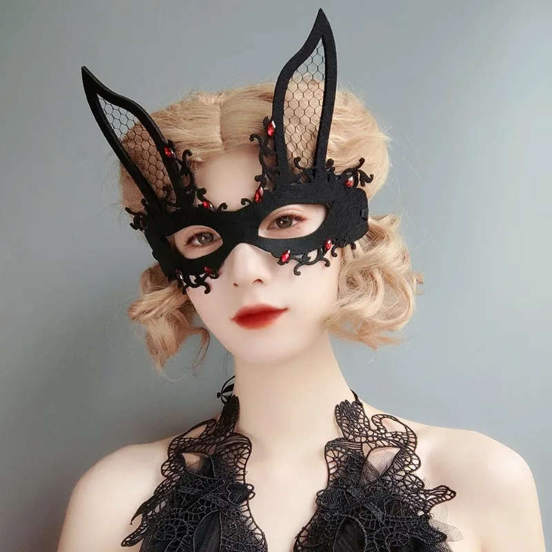 Black Flower Mask Masquerade Costume Props Half Face Mask Eye Patch Rabbit Masquerade Eyemask Bunny Ears Masquerade Face Cover