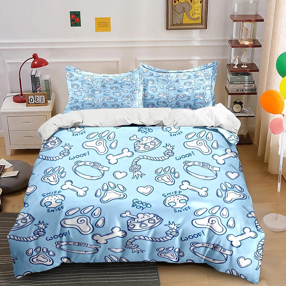 3pcs Paw Prints, Bones, Pet Supplies Bedding Set 1 Duvet Cover 2 Pillowcases for Adult and Children Luxury Gift Full Size