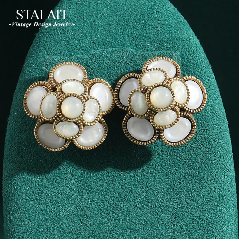 

Vintage White Moonstone Rose Flower Earrings Opal Shell Petal Gold Color Antique Jewelry for Woman Accessories New Arrival 2025