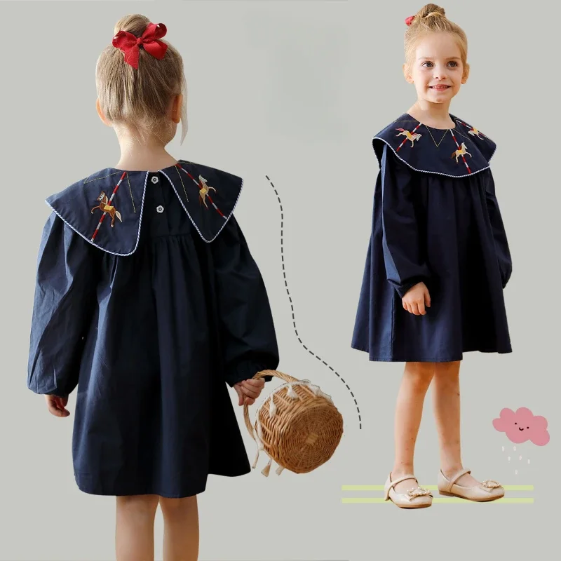 Girls' Embroidered Lapel Long-sleeved Dress 2024 Fall Academy Navy Style Children's Cotton Dress  Ropa De Niña  2-8y