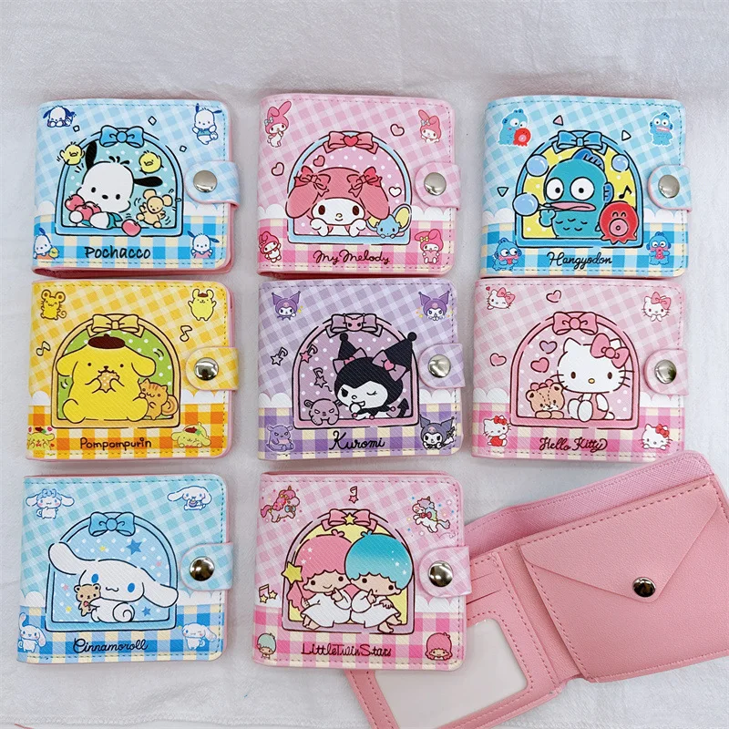 Miniso Sanrio Wallet Kawaii Kuromi My Melody Pochacco Student Cartoon Double Fold Grid Coin Wallet Cute Girl Card Bag Gift