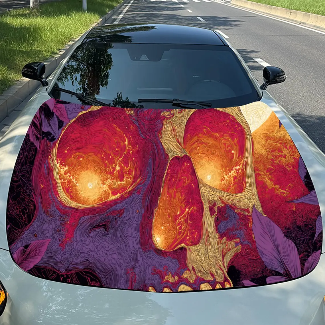

Vibrant Red Skull Car Hood Stickers - Self-Adhesive, Waterproof and Durable Vinyl Wrap, Decorate And Protect Your Car - The Gift